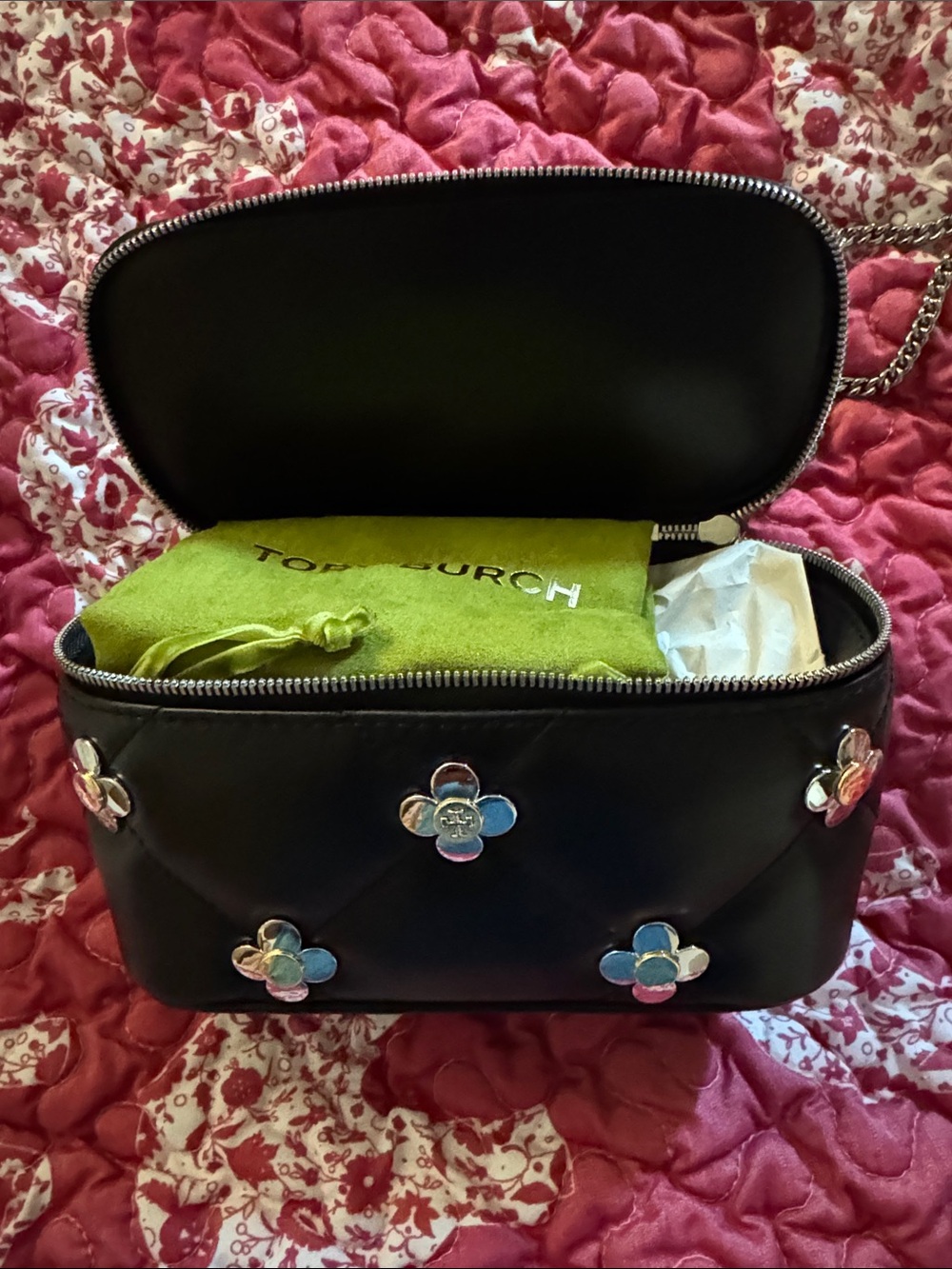 Tory Burch Black Quilted Crossbody with Gold Flower Hardware - Picture 5 of 9